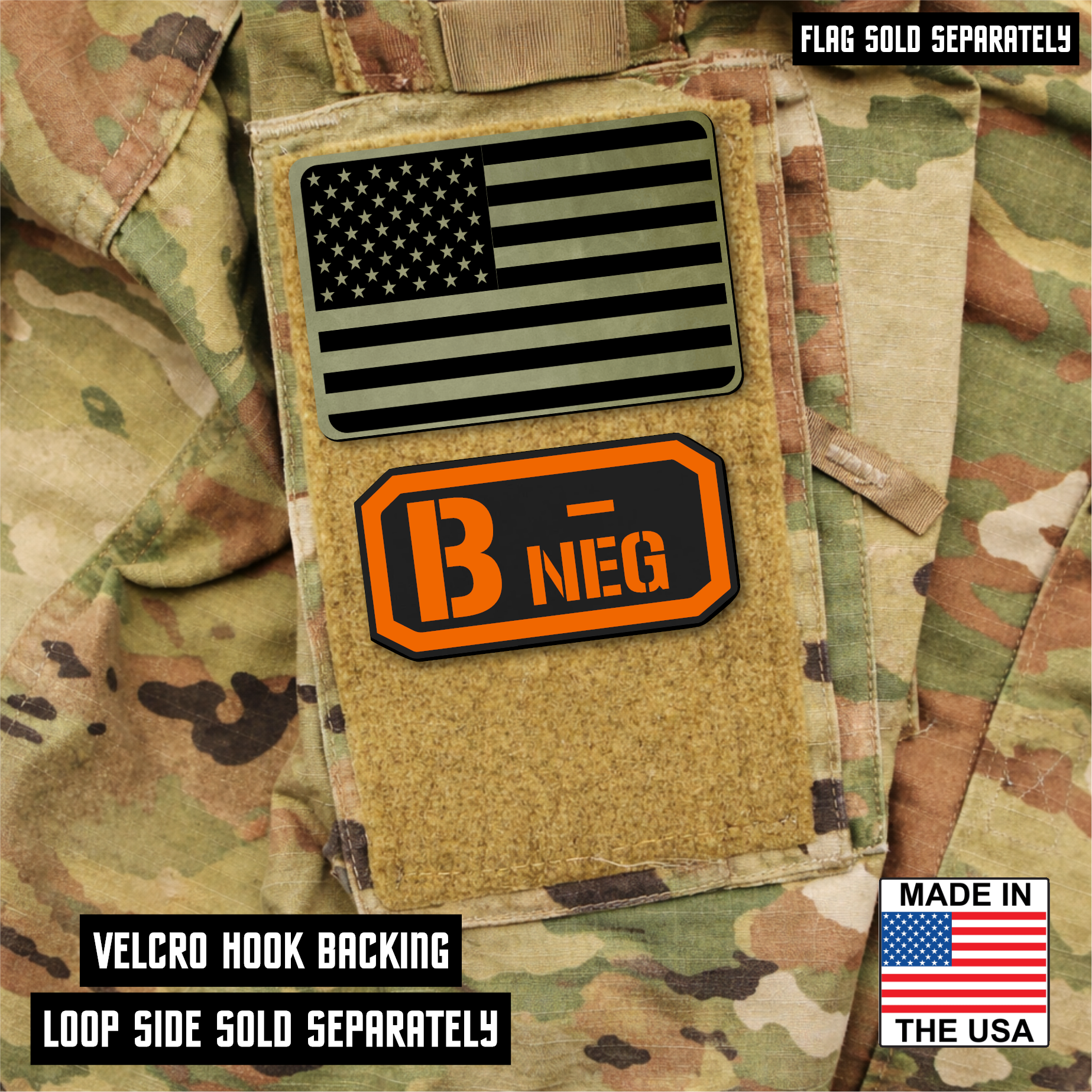 B Negative Blood Type Patch – Engraved Synthetic Material 1.25" x 2.5" Hook & Loop | 24 Color Options