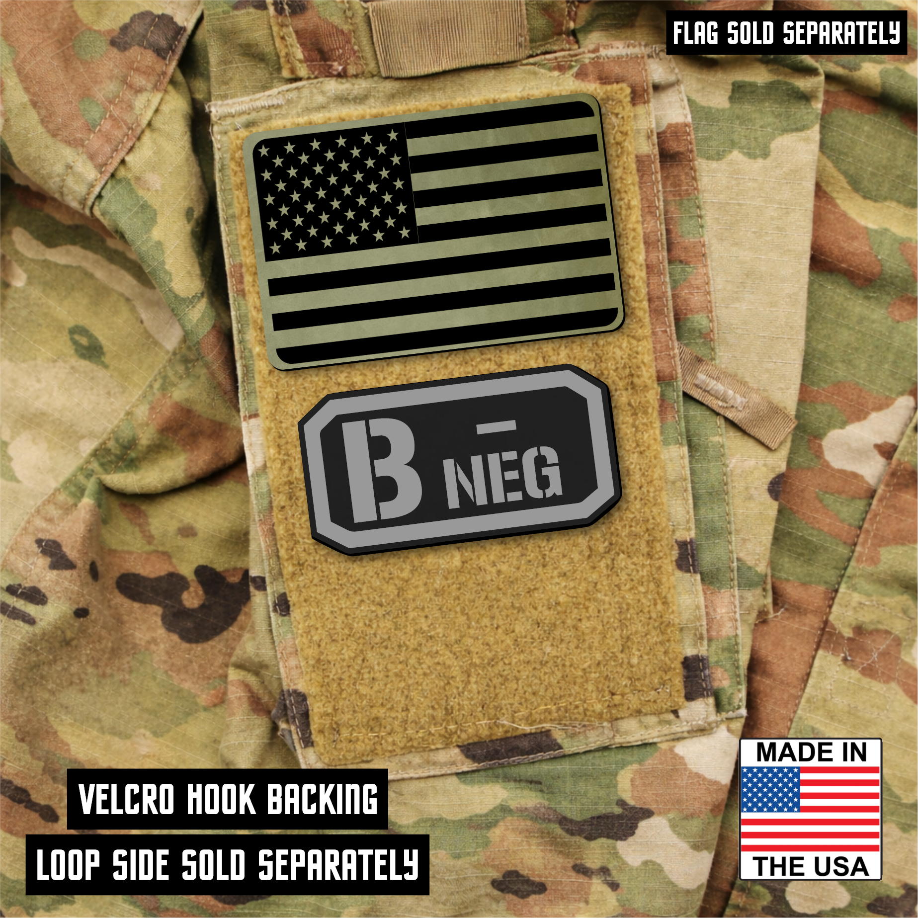 B Negative Blood Type Patch – Engraved Synthetic Material 1.25" x 2.5" Hook & Loop | 24 Color Options