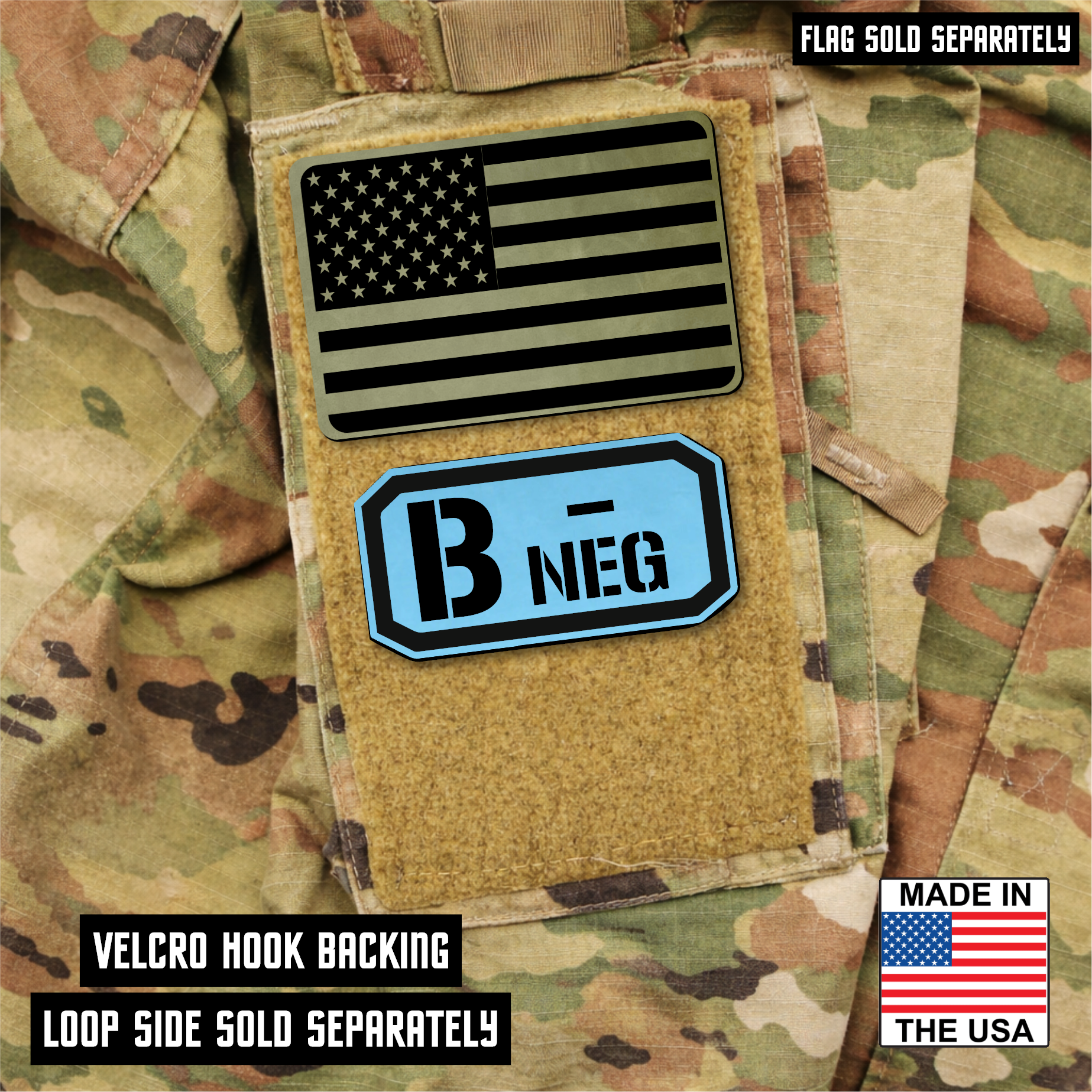 B Negative Blood Type Patch – Engraved Synthetic Material 1.25" x 2.5" Hook & Loop | 24 Color Options