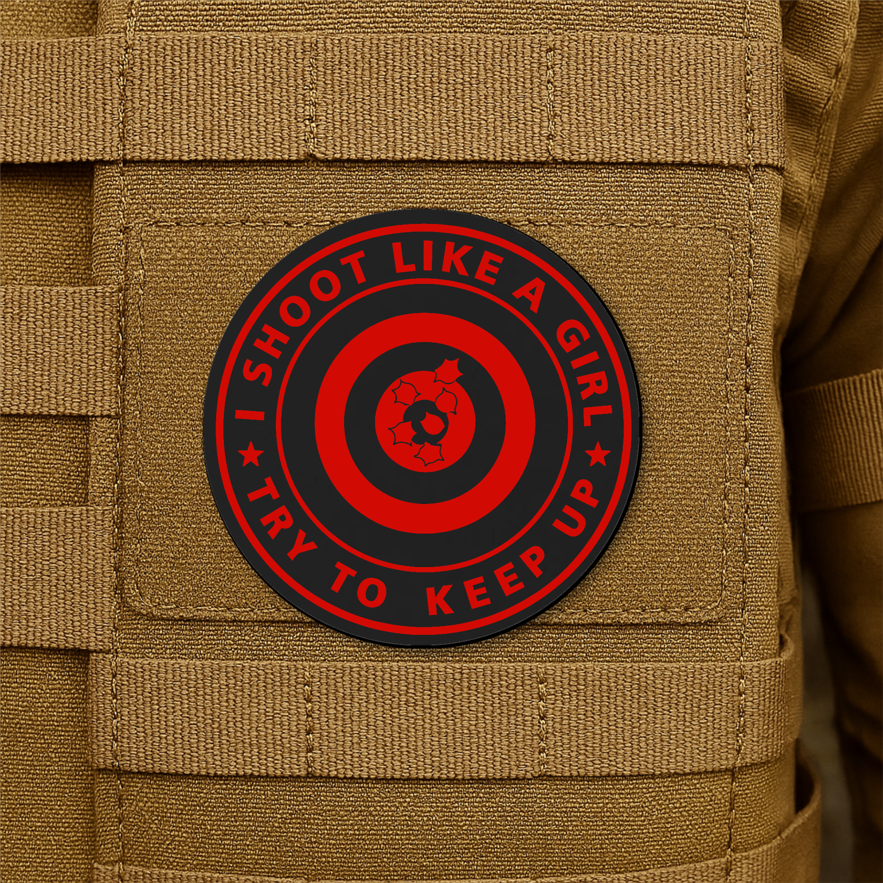 I Shoot Like A Girl Funny Morale Patch 3" Round Hook & Loop | Made in USA