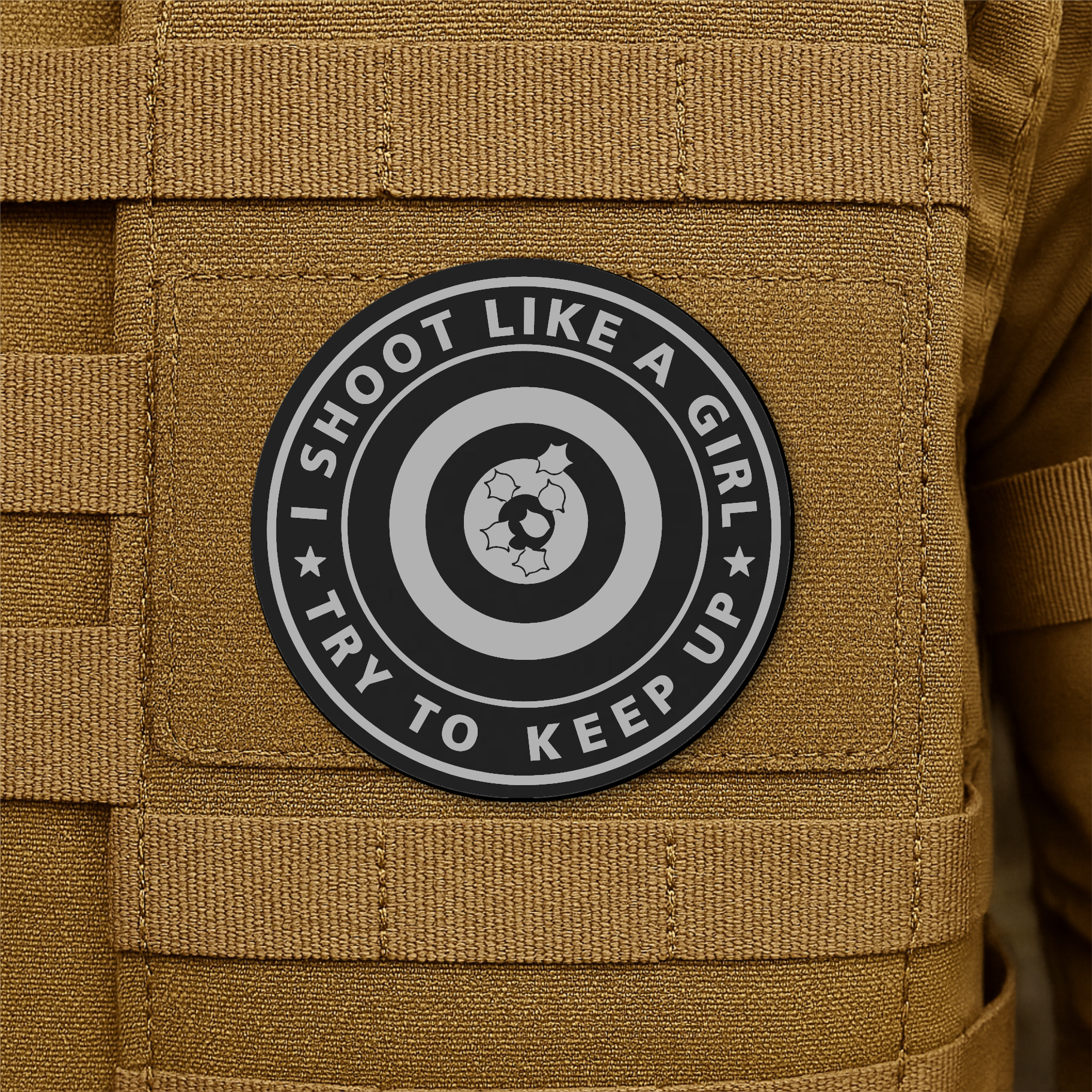 I Shoot Like A Girl Funny Morale Patch 3" Round Hook & Loop | Made in USA