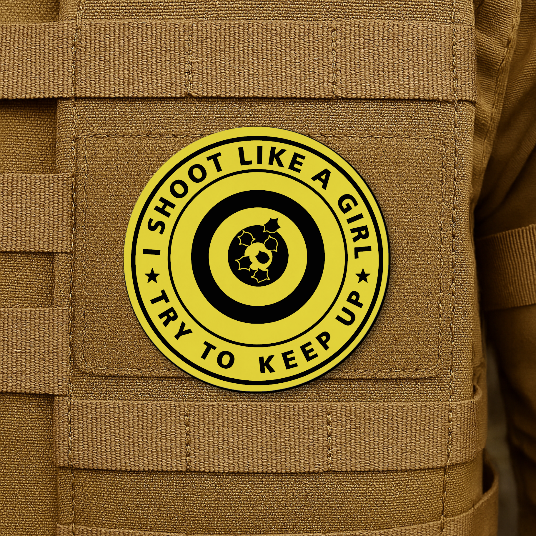 I Shoot Like A Girl Funny Morale Patch 3" Round Hook & Loop | Made in USA