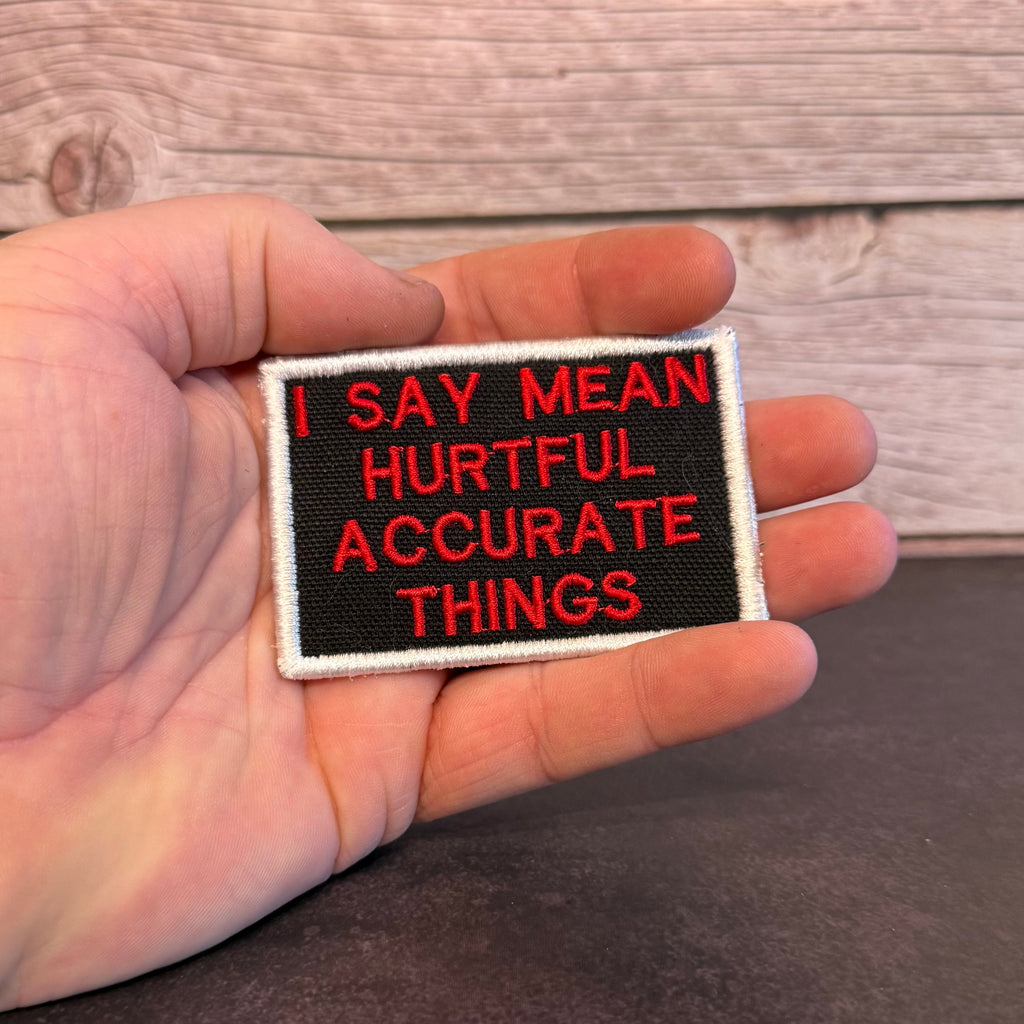 I Say Mean, Hurtful, Accurate Things Funny Morale Patch | Made in USA | VELCRO® Brand Hook Backing