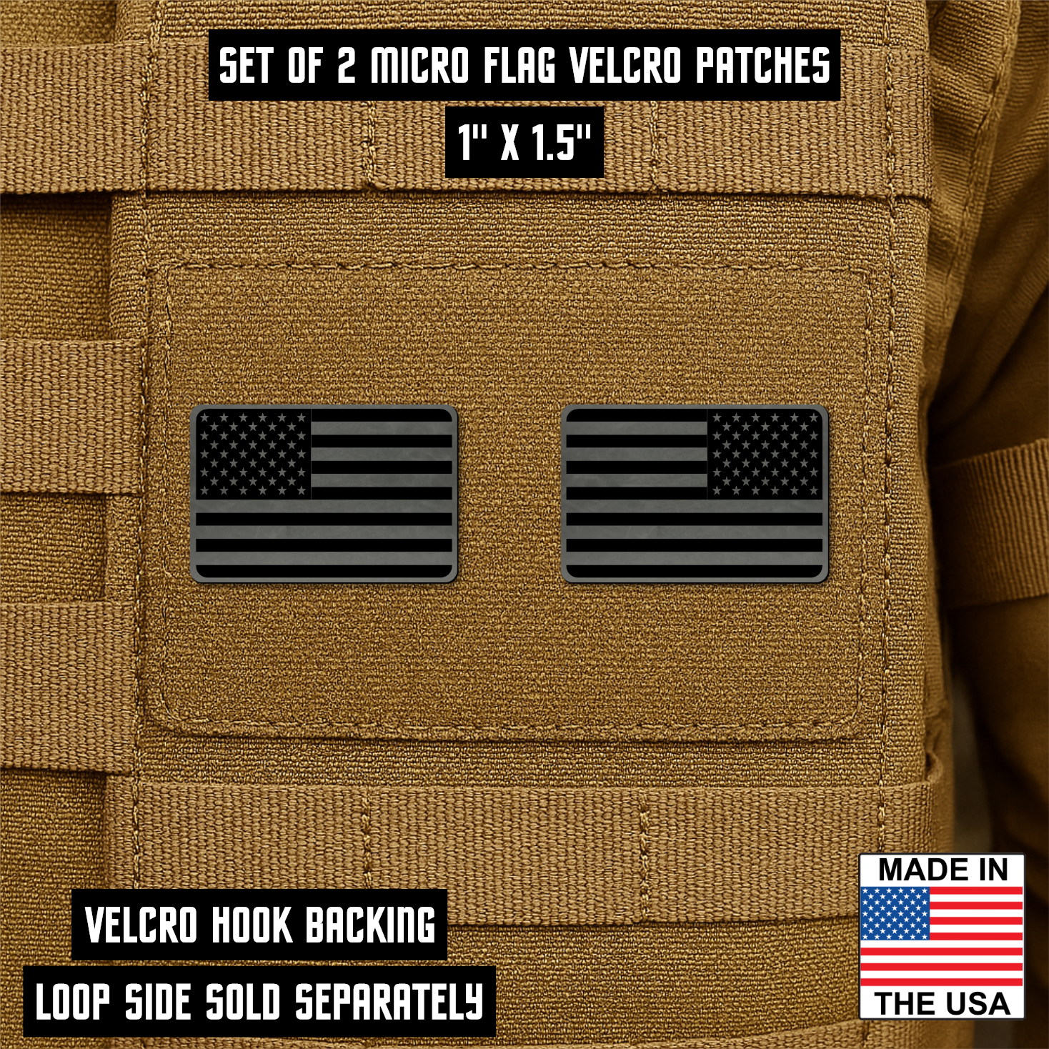 Mini Tactical Synthetic American Flag Patch - Set of 2 | Made in USA | VELCRO® Brand Hook Backing