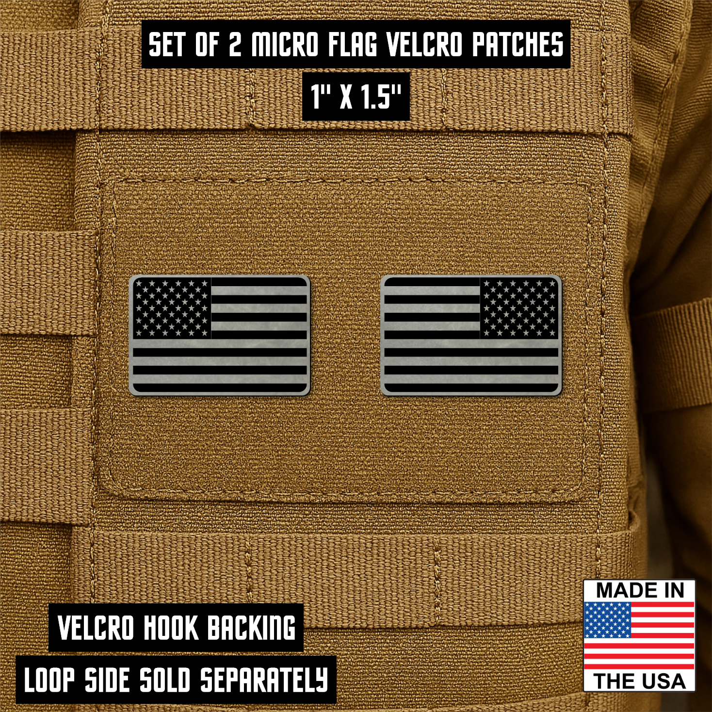 Mini Tactical Synthetic American Flag Patch - Set of 2 | Made in USA | VELCRO® Brand Hook Backing