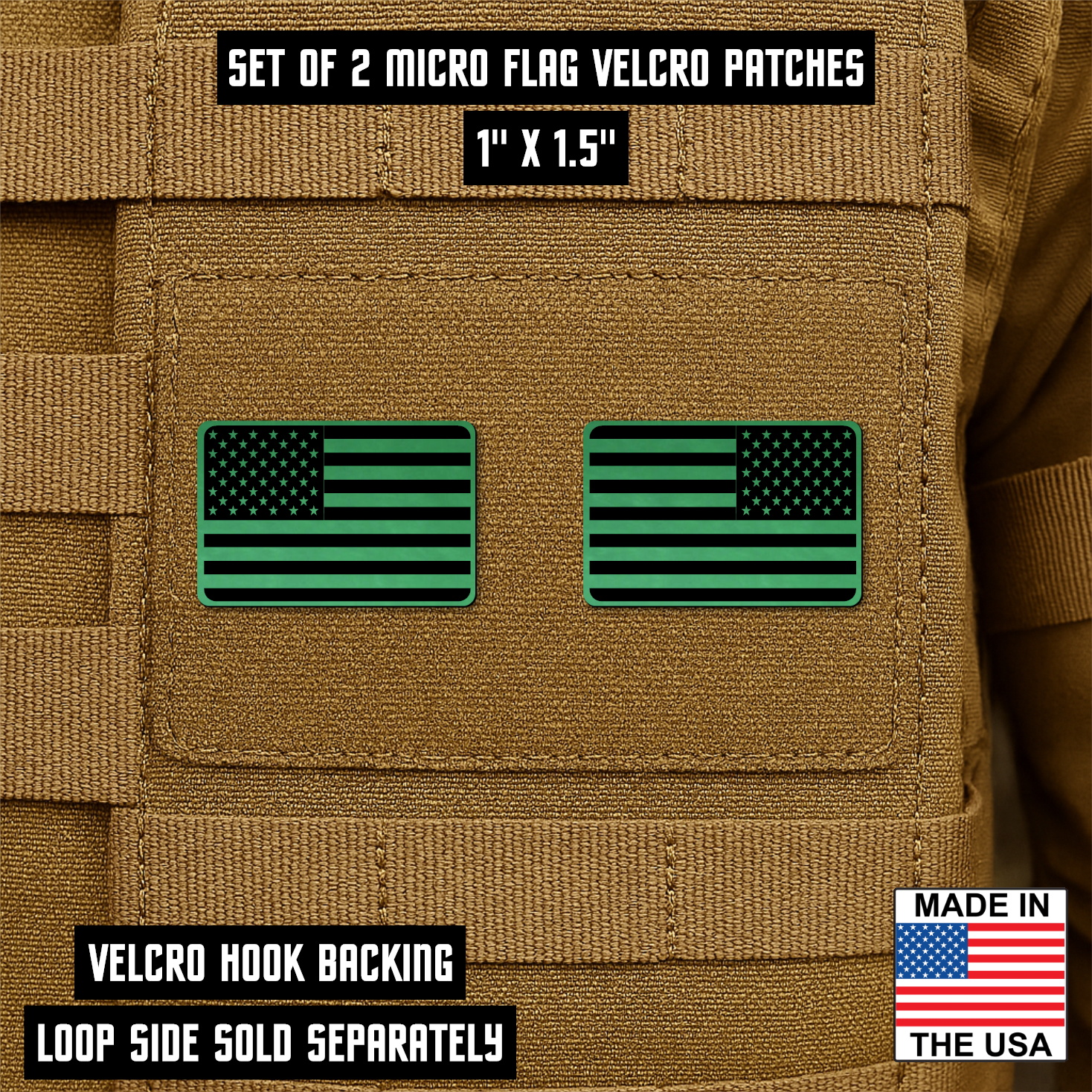 Mini Tactical Synthetic American Flag Patch - Set of 2 | Made in USA | VELCRO® Brand Hook Backing