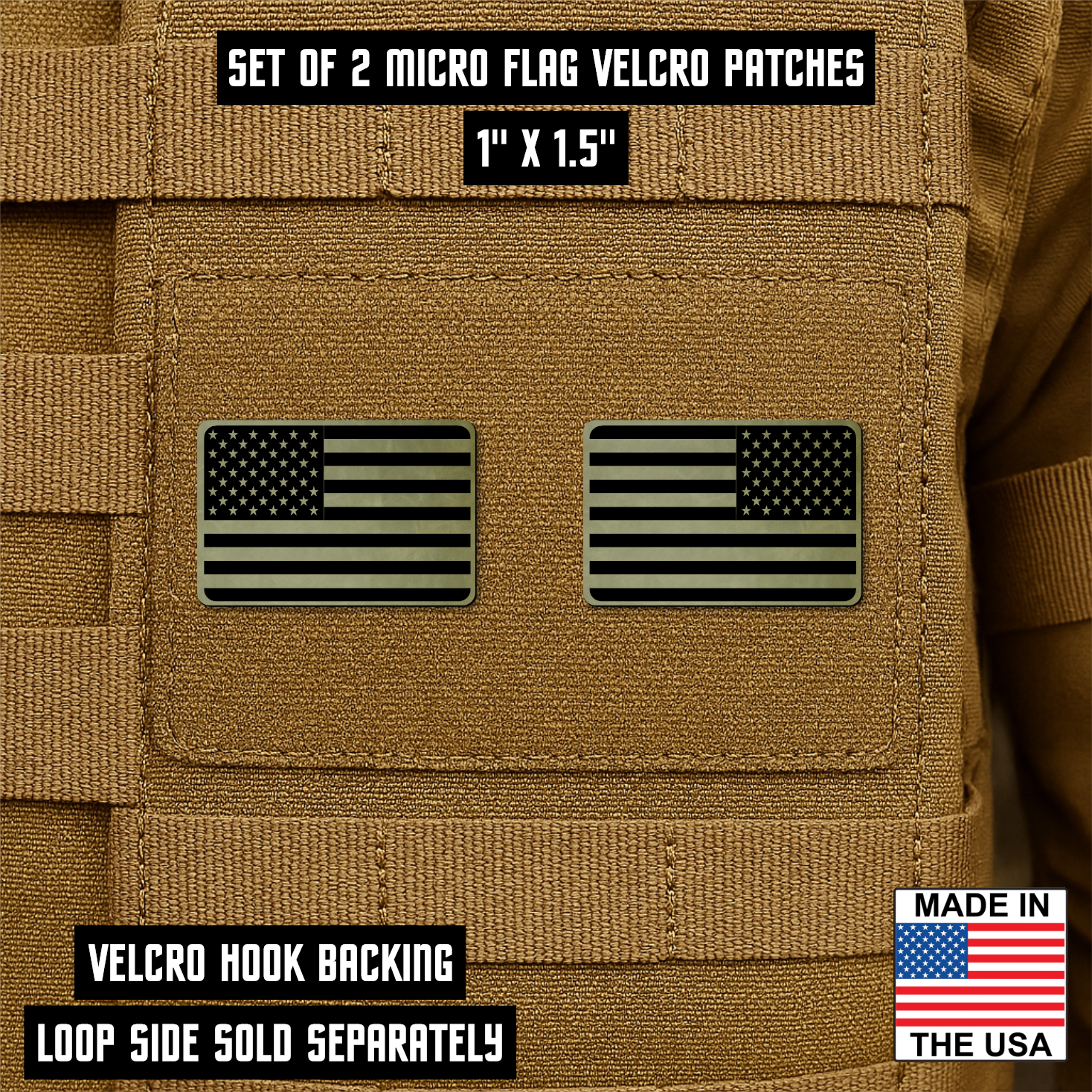Mini Tactical Synthetic American Flag Patch - Set of 2 | Made in USA | VELCRO® Brand Hook Backing