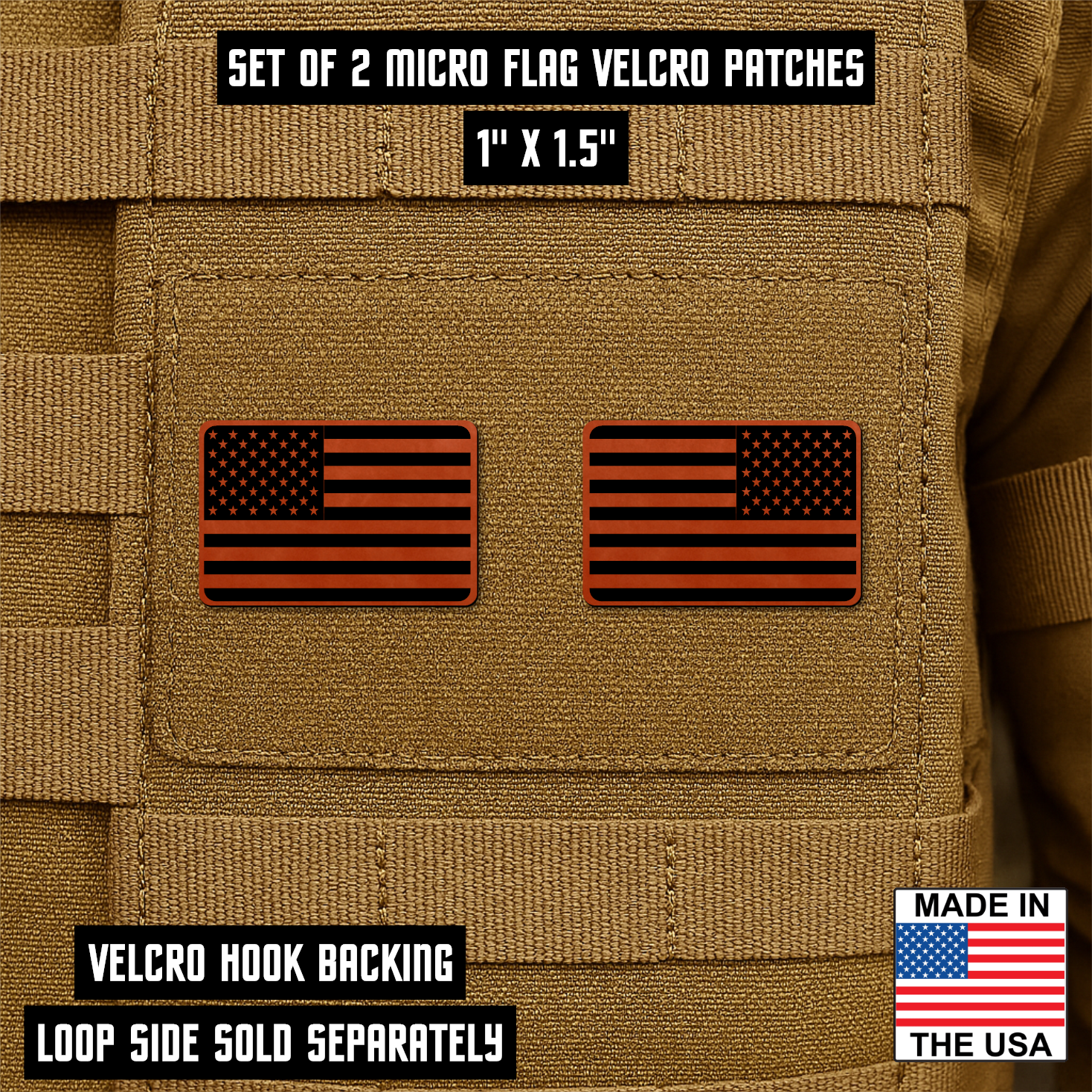 Mini Tactical Synthetic American Flag Patch - Set of 2 | Made in USA | VELCRO® Brand Hook Backing