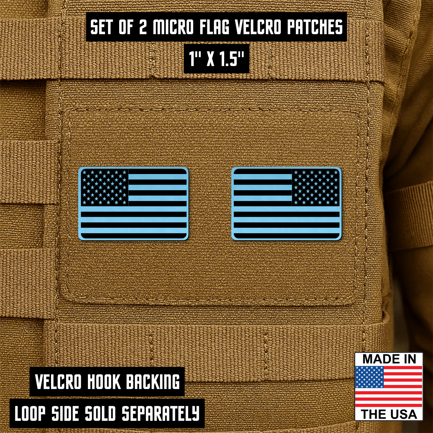 Mini Tactical Synthetic American Flag Patch - Set of 2 | Made in USA | VELCRO® Brand Hook Backing