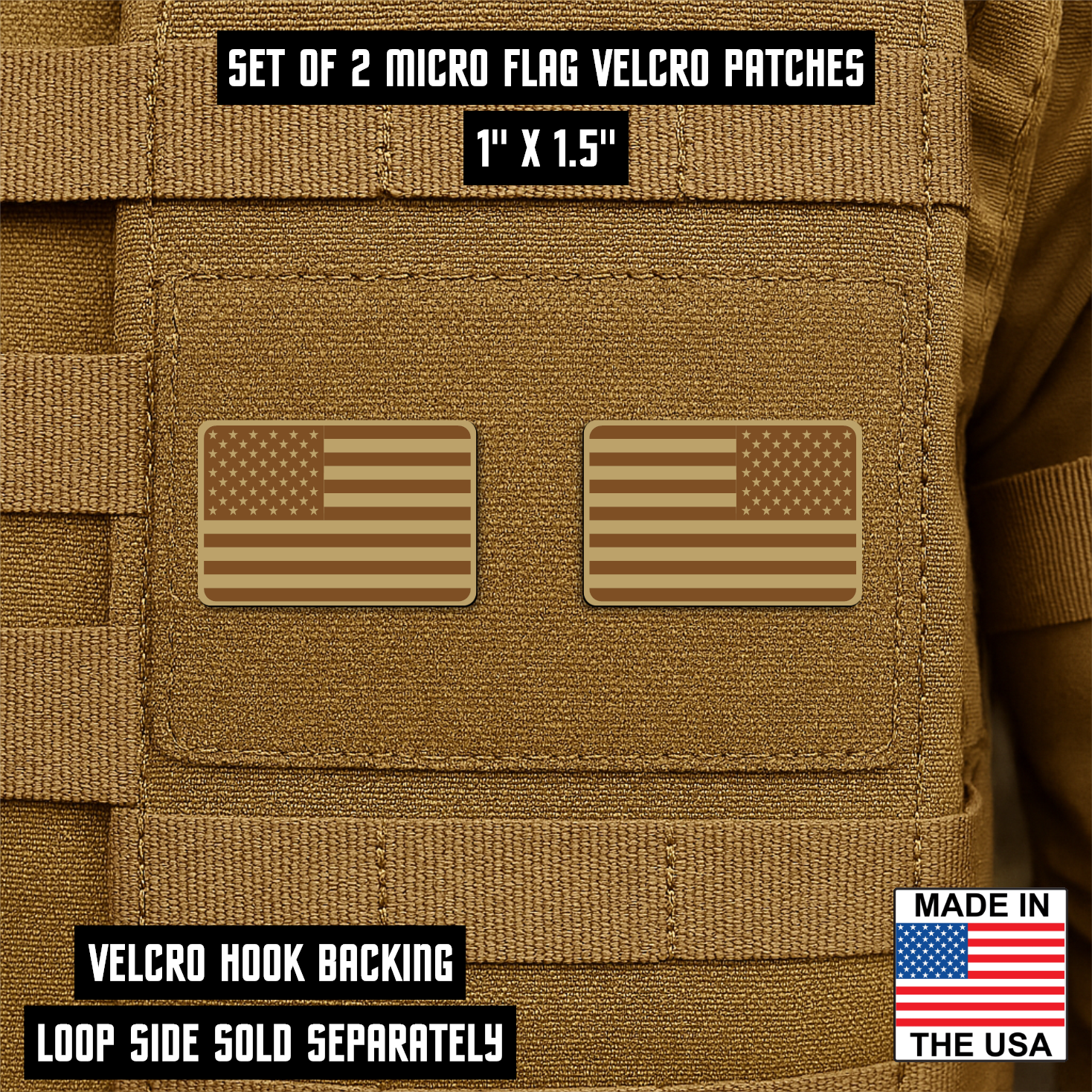 Mini Tactical Synthetic American Flag Patch - Set of 2 | Made in USA | VELCRO® Brand Hook Backing