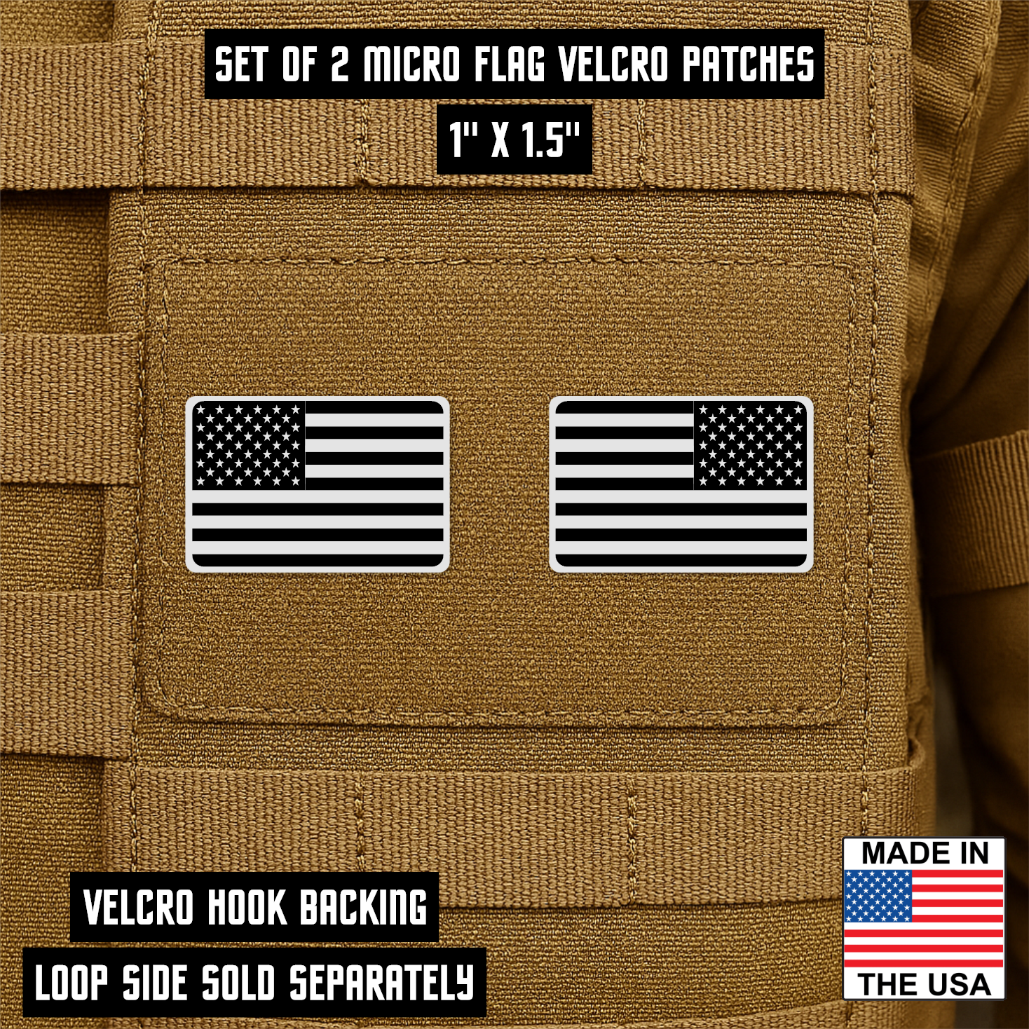 Mini Tactical Synthetic American Flag Patch - Set of 2 | Made in USA | VELCRO® Brand Hook Backing