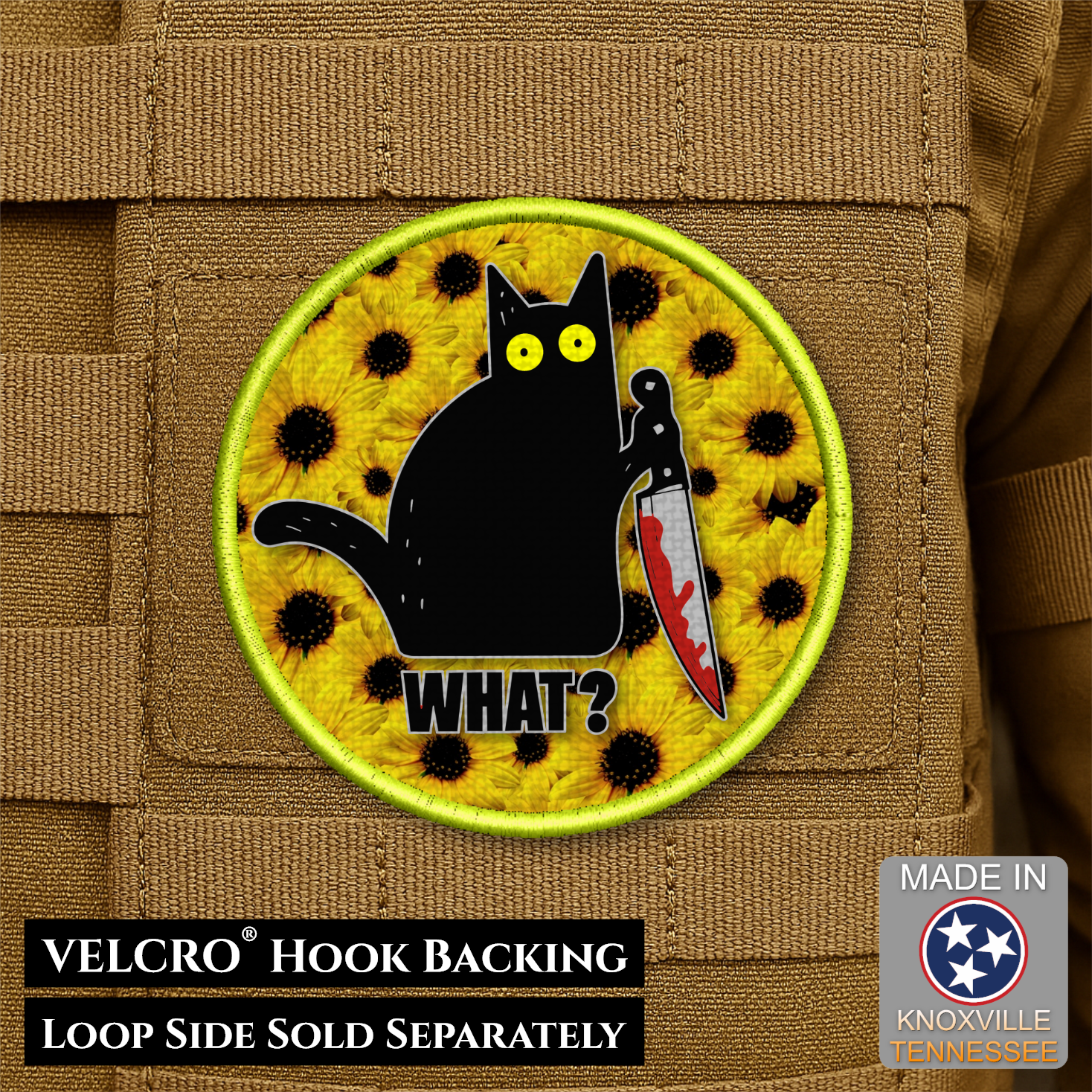 Murder Cat & Sunflowers Funny Morale Patch | Made in USA | VELCRO® Brand Hook Backing