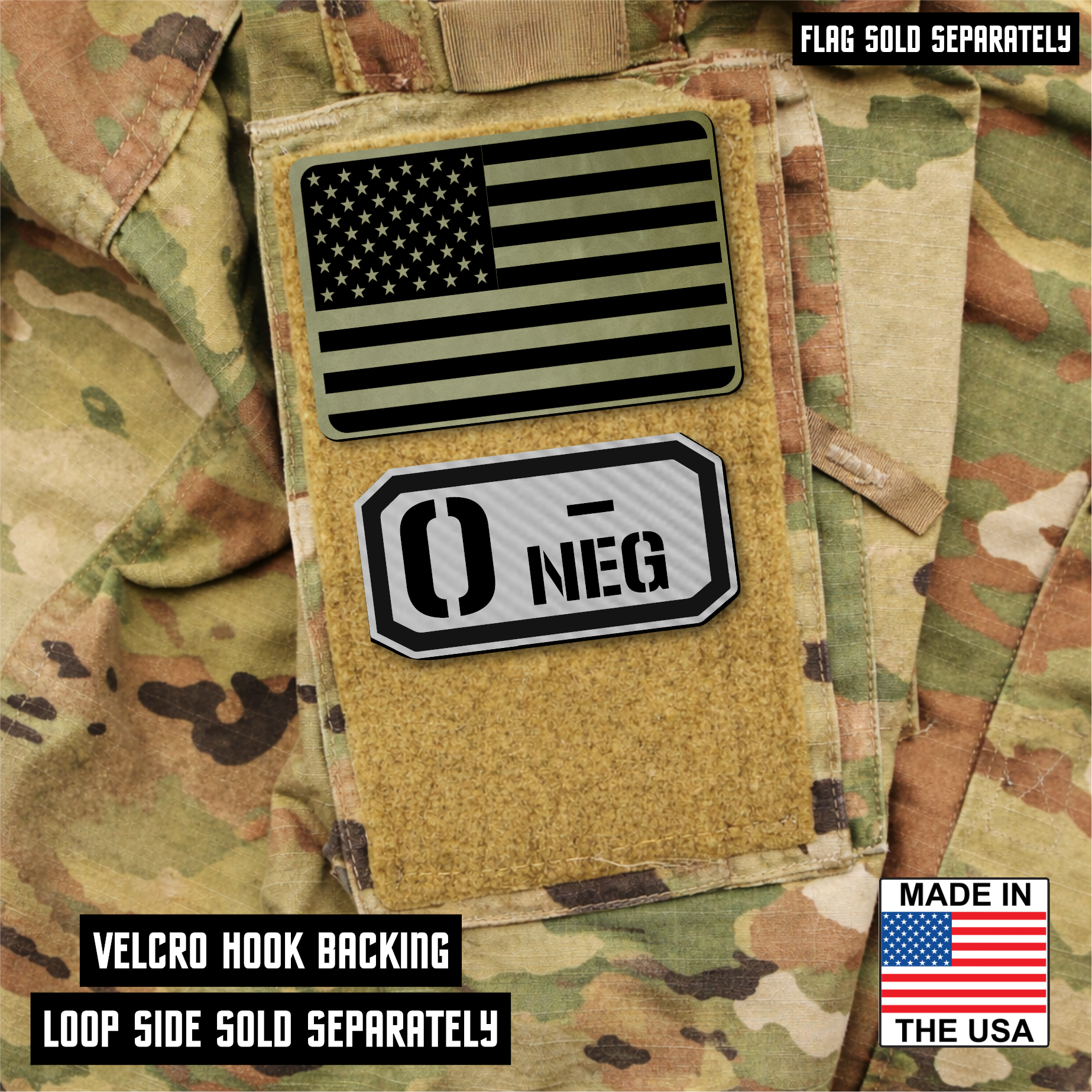 O Negative Blood Type Patch – Engraved Synthetic Material 1.25" x 2.5" Hook & Loop | 24 Color Options