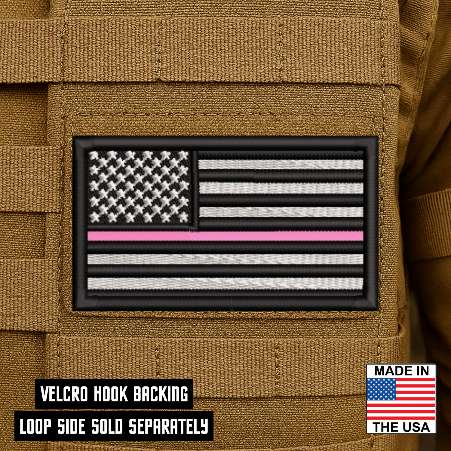 Breast Cancer Awareness Thin Pink Line American Flag Patch | Made in USA | VELCRO® Brand Hook Backing