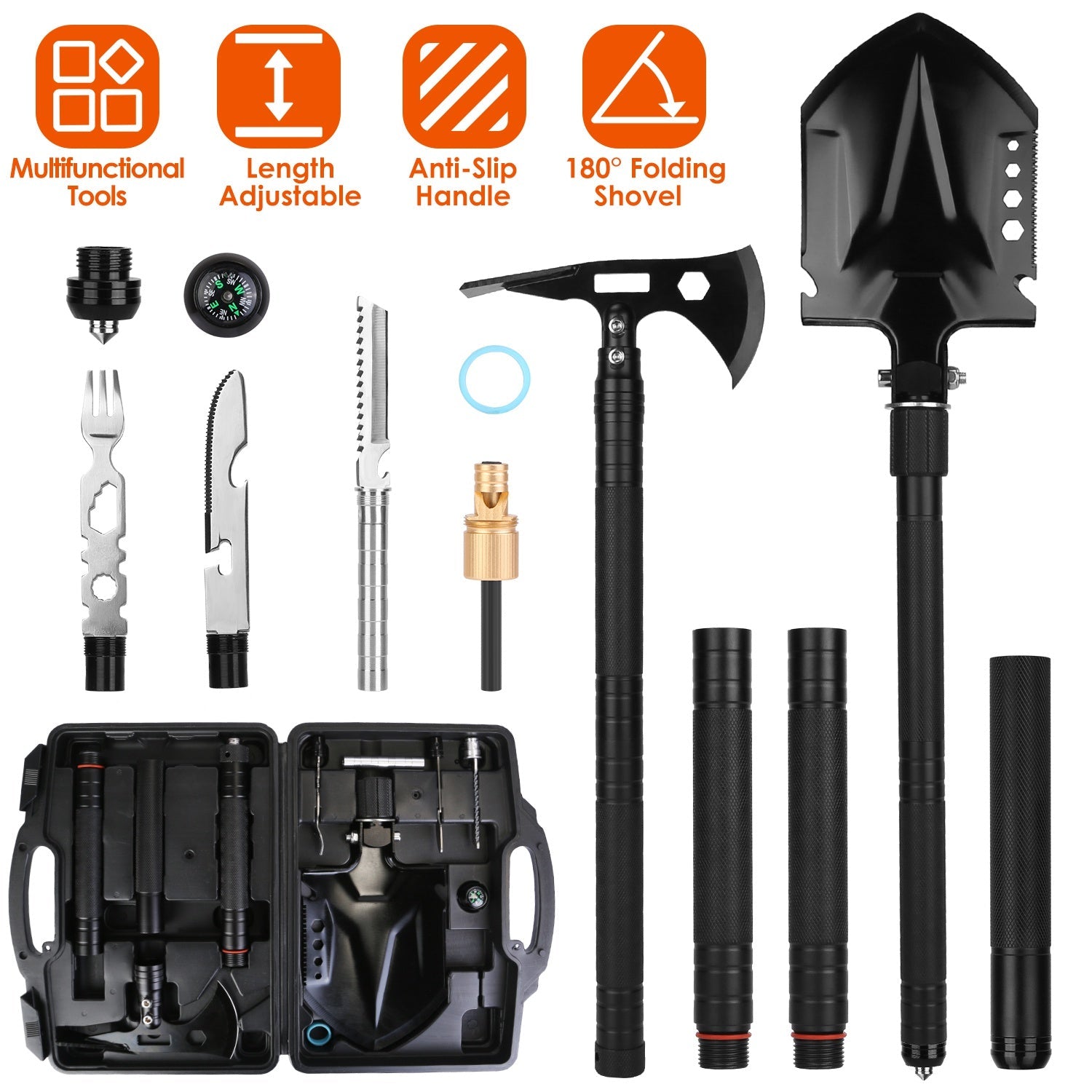 Multifunctional Shovel Axe Set Camping Survival Shovel Multitool Emergency Survival Gear with Extension Handles Carrying Box