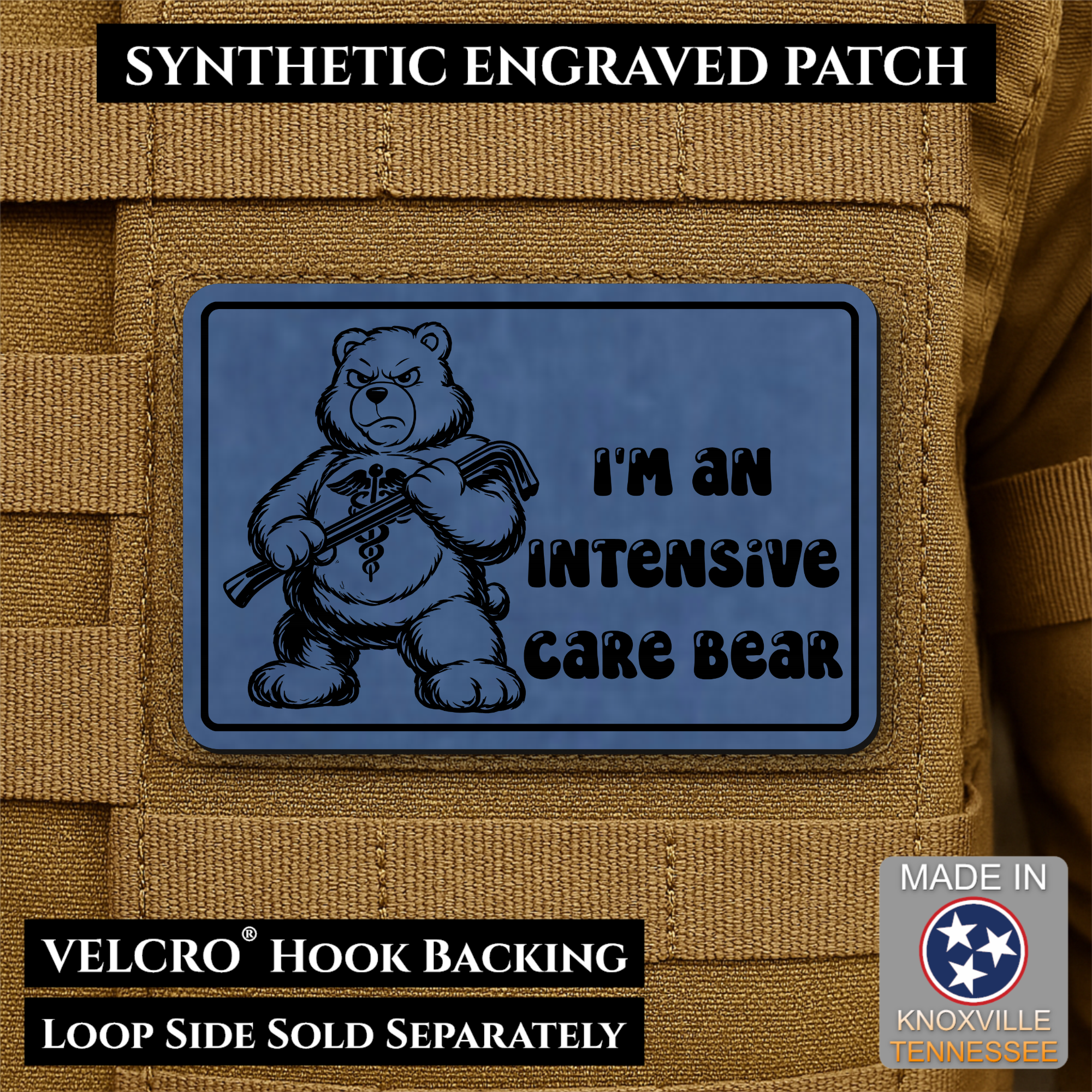 Intensive Care Bear Funny Nurse Morale Patch 2"x3" Hook & Loop | Made in USA