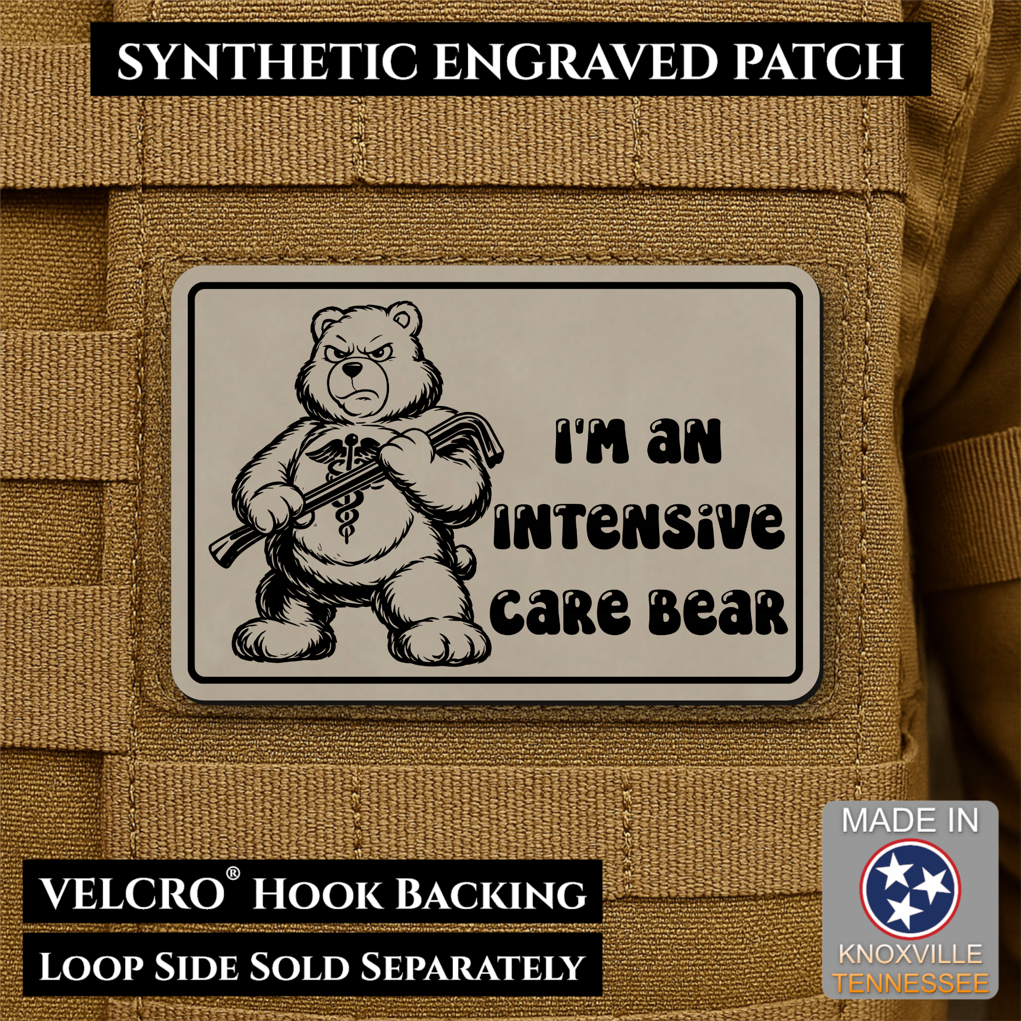 Intensive Care Bear Funny Nurse Morale Patch 2"x3" Hook & Loop | Made in USA